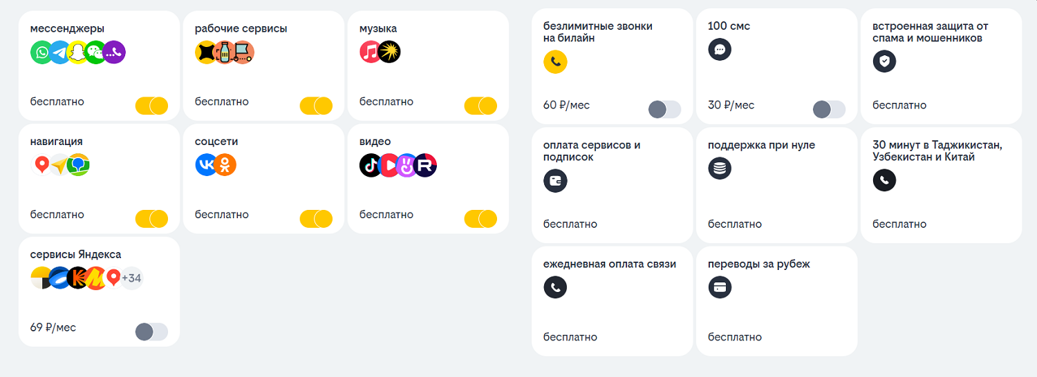 Безлимиты и дополнительные опции на тарифе "Добро пожаловать"